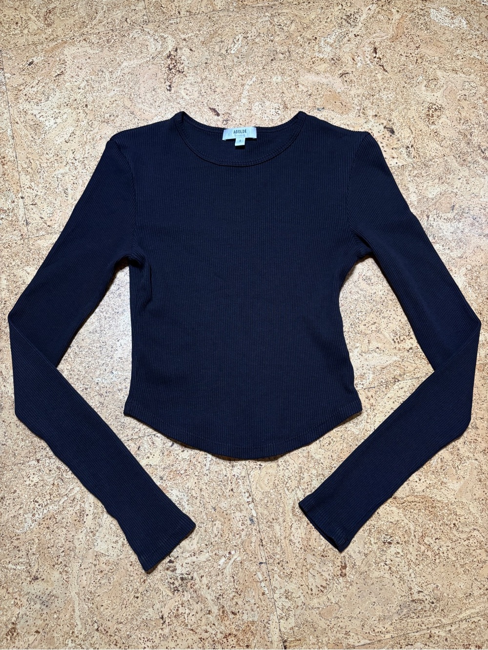 Agolde Nova Ribbed Knit Cropped Organic Cotton Blend Longsleeve Tee Black Sz S